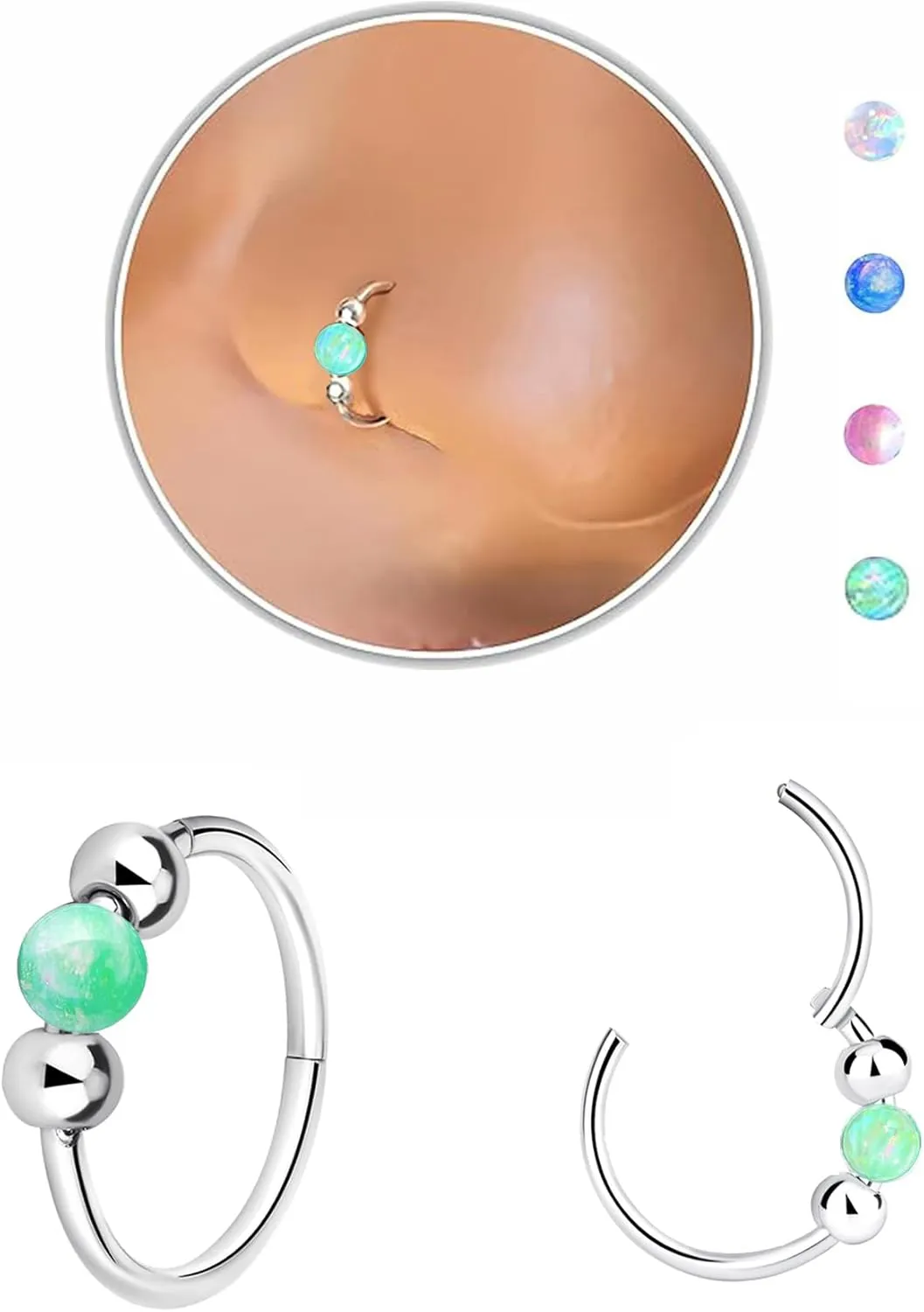 Nose Rings Hoops Opal Nose Piercings Jewelry 316L Surgical Steel Hypoallergenic Silver Septum Hoop Nose Ring for Women 18G Hinged Helix Rook Conch Cartilage Daith Tragus Earring