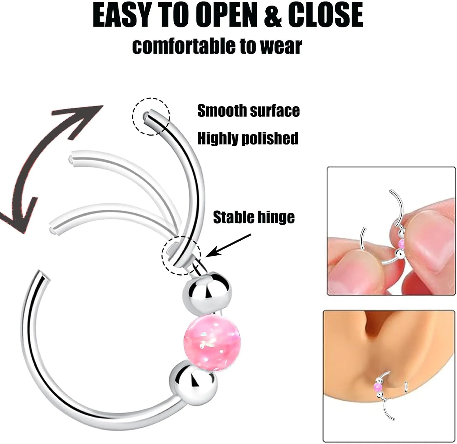 Nose Rings Hoops Opal Nose Piercings Jewelry 316L Surgical Steel Hypoallergenic Silver Septum Hoop Nose Ring for Women 18G Hinged Helix Rook Conch Cartilage Daith Tragus Earring