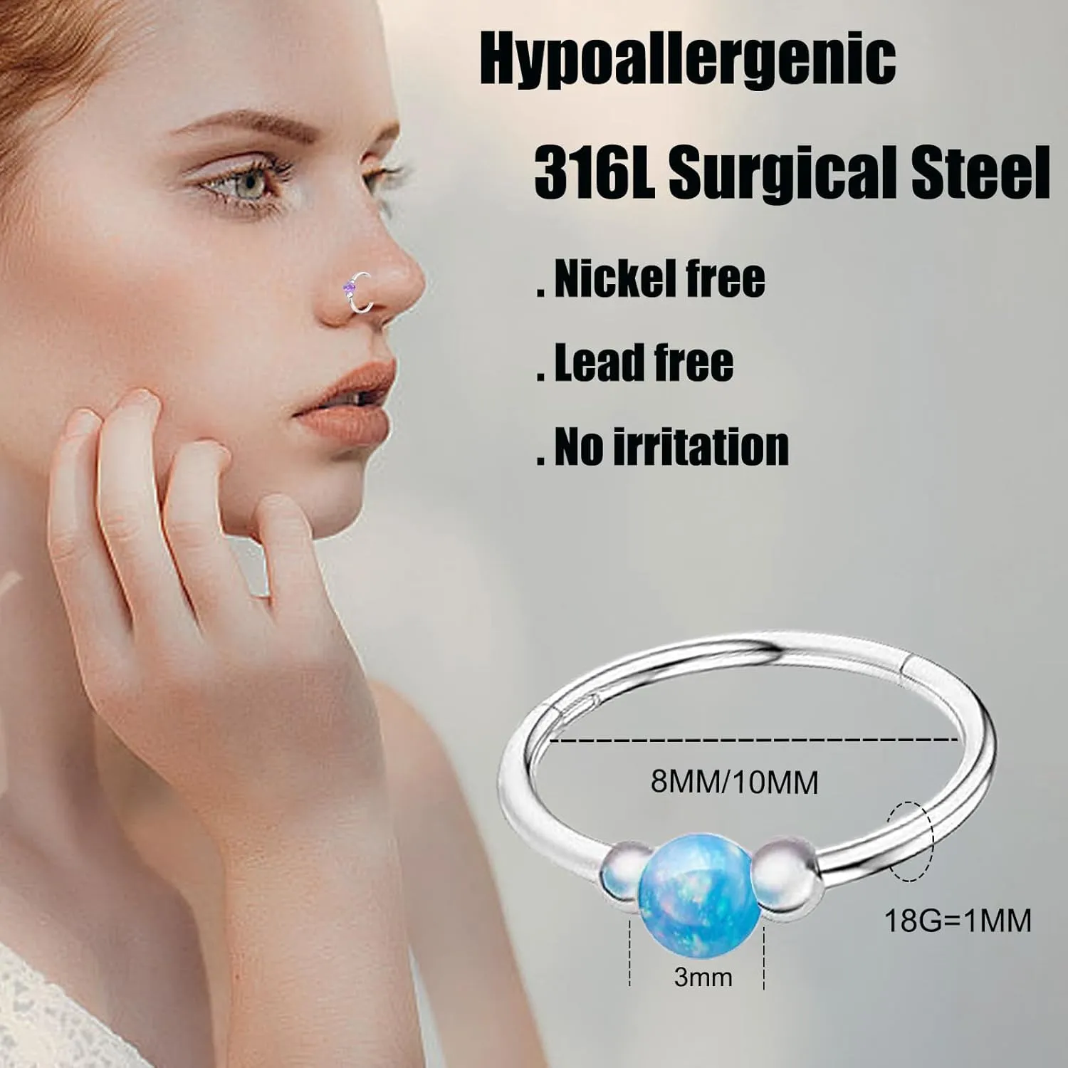 Nose Rings Hoops Opal Nose Piercings Jewelry 316L Surgical Steel Hypoallergenic Silver Septum Hoop Nose Ring for Women 18G Hinged Helix Rook Conch Cartilage Daith Tragus Earring