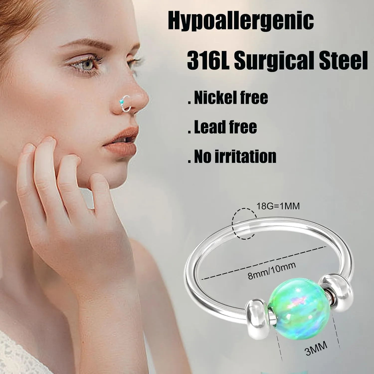 Nose Rings Hoops Opal Nose Piercings Jewelry 316L Surgical Steel Hypoallergenic Silver Septum Hoop Nose Ring for Women 18G Hinged Helix Rook Conch Cartilage Daith Tragus Earring