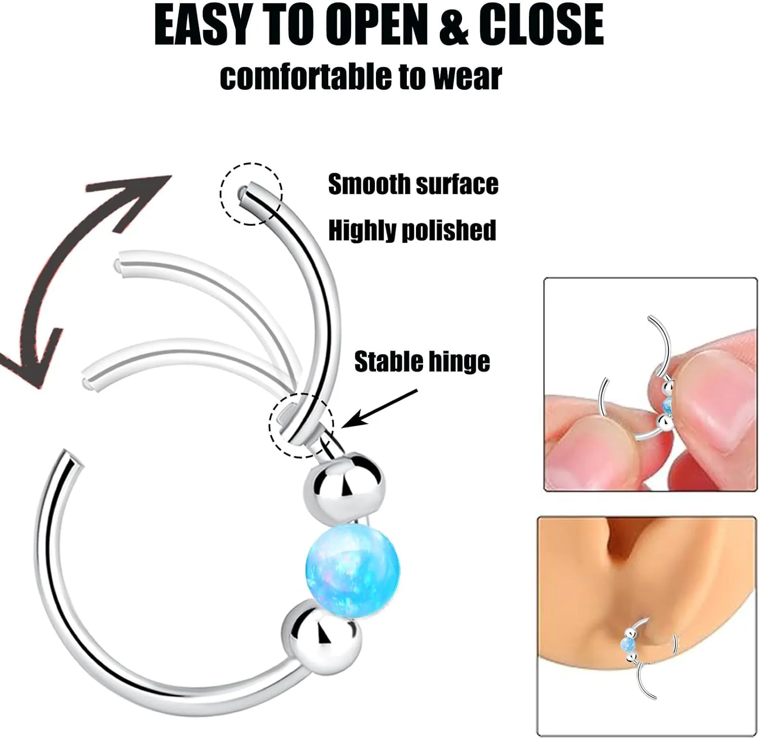 Nose Rings Hoops Opal Nose Piercings Jewelry 316L Surgical Steel Hypoallergenic Silver Septum Hoop Nose Ring for Women 18G Hinged Helix Rook Conch Cartilage Daith Tragus Earring