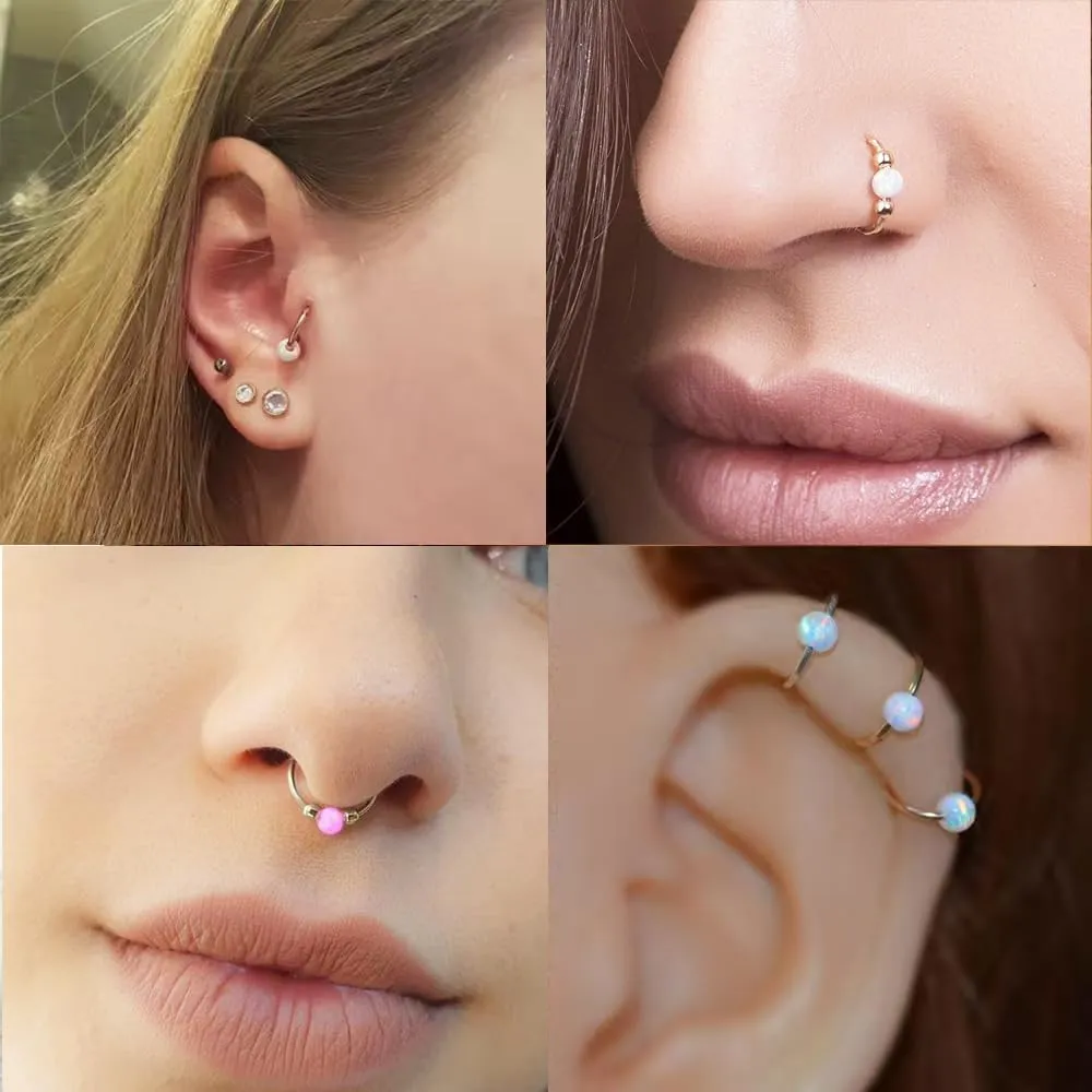 Nose Rings Hoops Opal Nose Piercings Jewelry 316L Surgical Steel Hypoallergenic Silver Septum Hoop Nose Ring for Women 18G Hinged Helix Rook Conch Cartilage Daith Tragus Earring