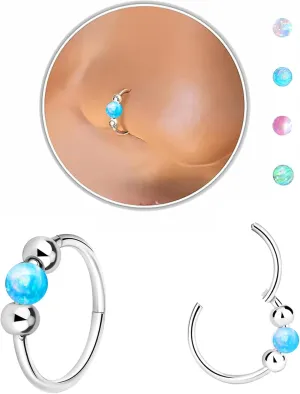 Nose Rings Hoops Opal Nose Piercings Jewelry 316L Surgical Steel Hypoallergenic Silver Septum Hoop Nose Ring for Women 18G Hinged Helix Rook Conch Cartilage Daith Tragus Earring