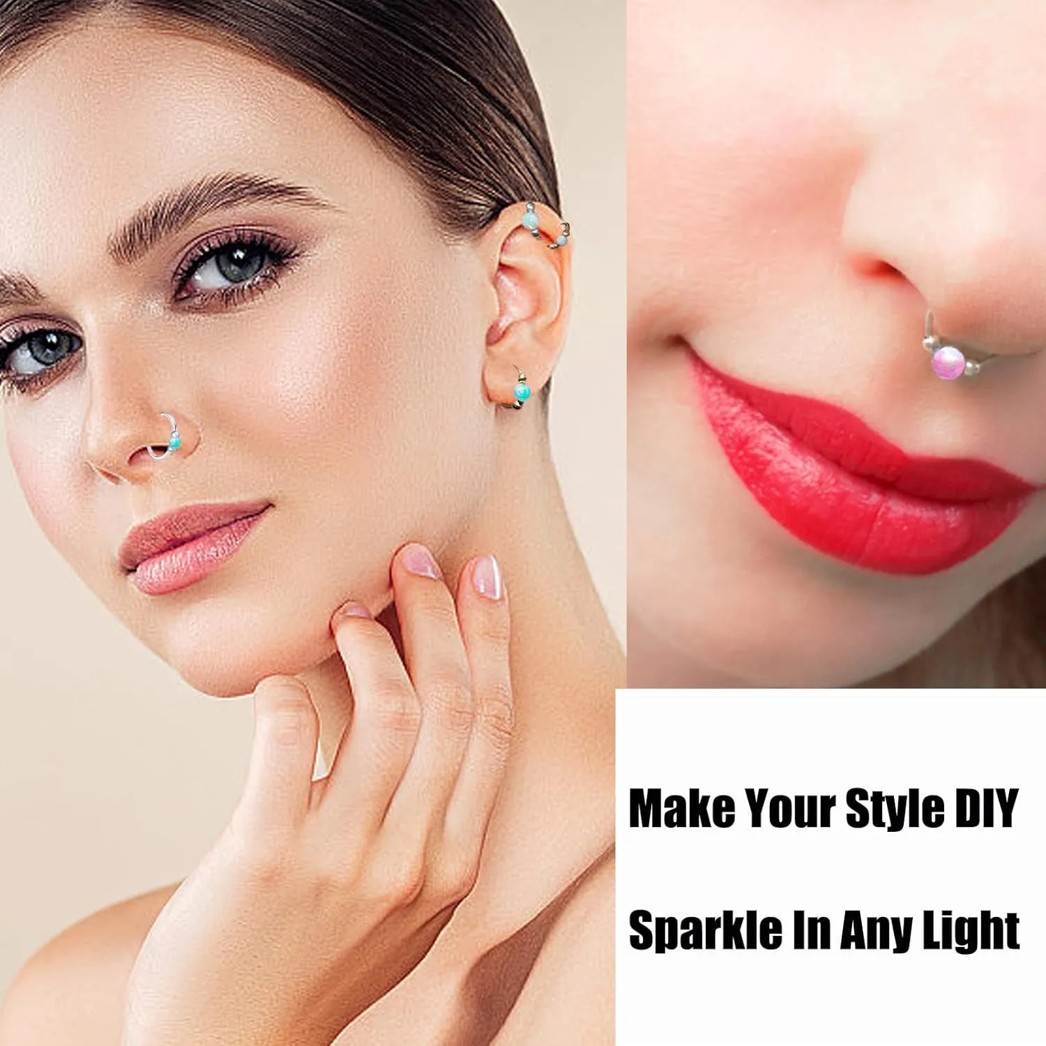 Nose Rings Hoops Opal Nose Piercings Jewelry 316L Surgical Steel Hypoallergenic Silver Septum Hoop Nose Ring for Women 18G Hinged Helix Rook Conch Cartilage Daith Tragus Earring