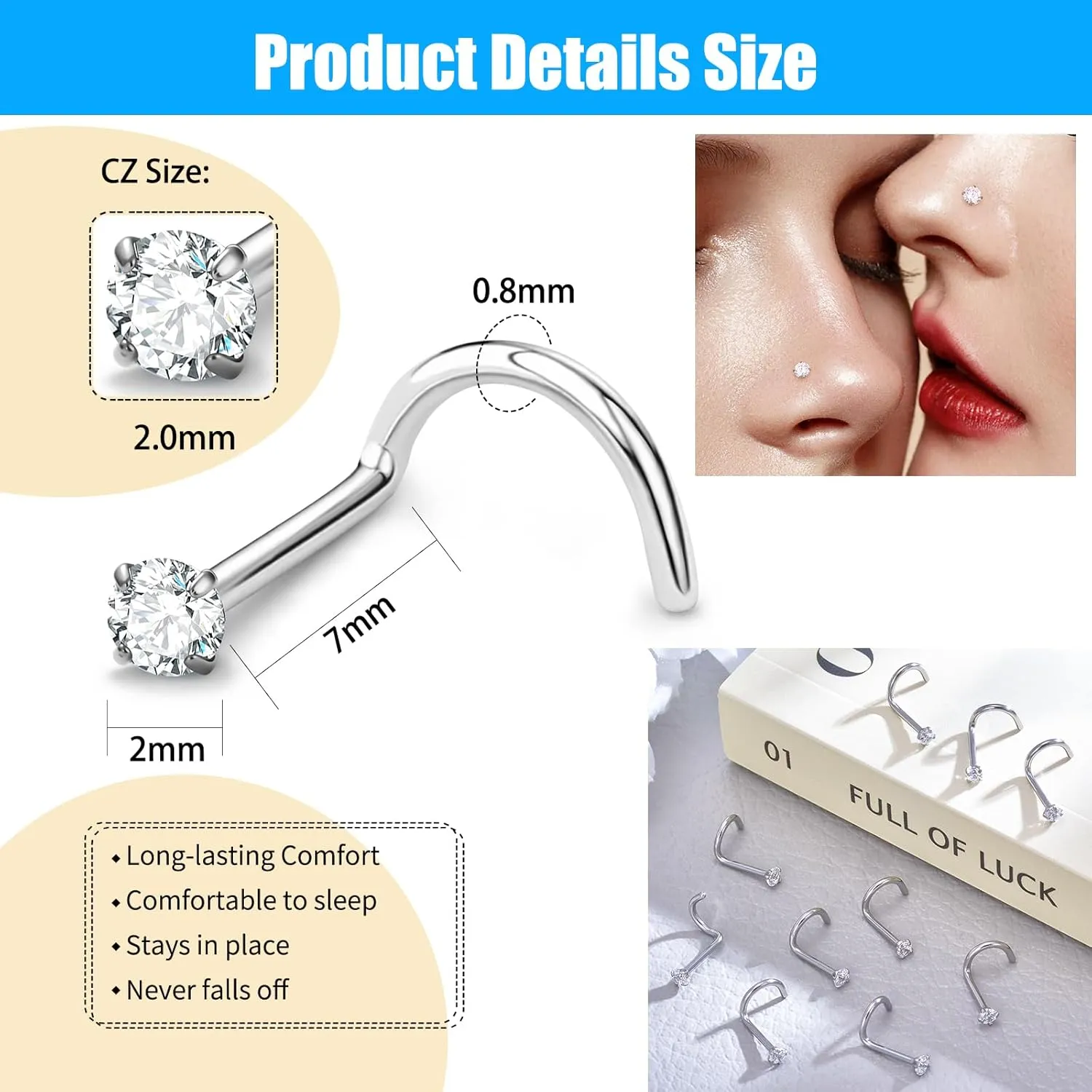 Nose Rings Studs: 10Pcs 20G 316L Surgical Steel Nose Studs Hypoallergenic Corkscrew Nose Piercing Stud Cubic Zirconia Jewelry for Women Men