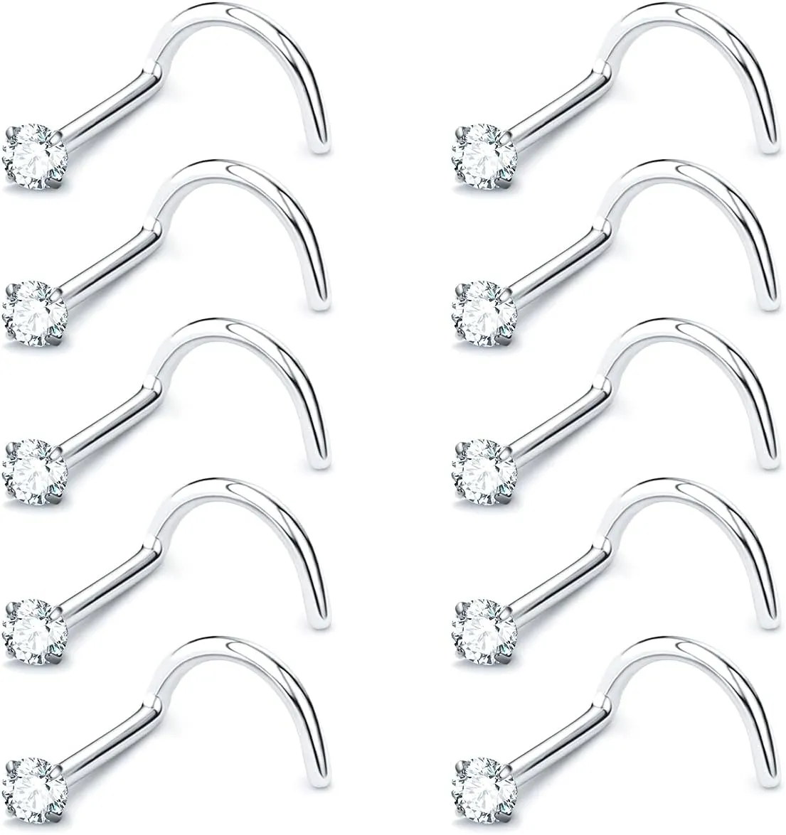 Nose Rings Studs: 10Pcs 20G 316L Surgical Steel Nose Studs Hypoallergenic Corkscrew Nose Piercing Stud Cubic Zirconia Jewelry for Women Men
