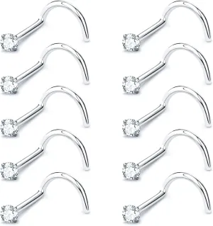 Nose Rings Studs: 10Pcs 20G 316L Surgical Steel Nose Studs Hypoallergenic Corkscrew Nose Piercing Stud Cubic Zirconia Jewelry for Women Men