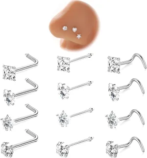 Nose Rings Studs 12Pcs 18G/20G 316L Surgical Steel Nose Studs Hypoallergenic Corkscrew Nose Piercing Jewelry for Women Men Silver Nose Screw Bone L Shaped/Straight Cubic Zirconia Imitation Diamond Heart 3mm