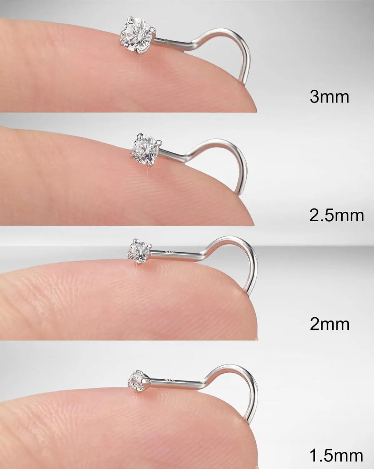 Nose Rings Studs: 8Pcs 20G Gold/Silver 316L Surgical Stainless Steel Nose Studs Hypoallergenic Corkscrew Nose Piercing Stud Jewelry for Women Men Clear Cubic Zirconia Imitation Diamond Top Size 1.5mm 2mm 2.5mm 3mm
