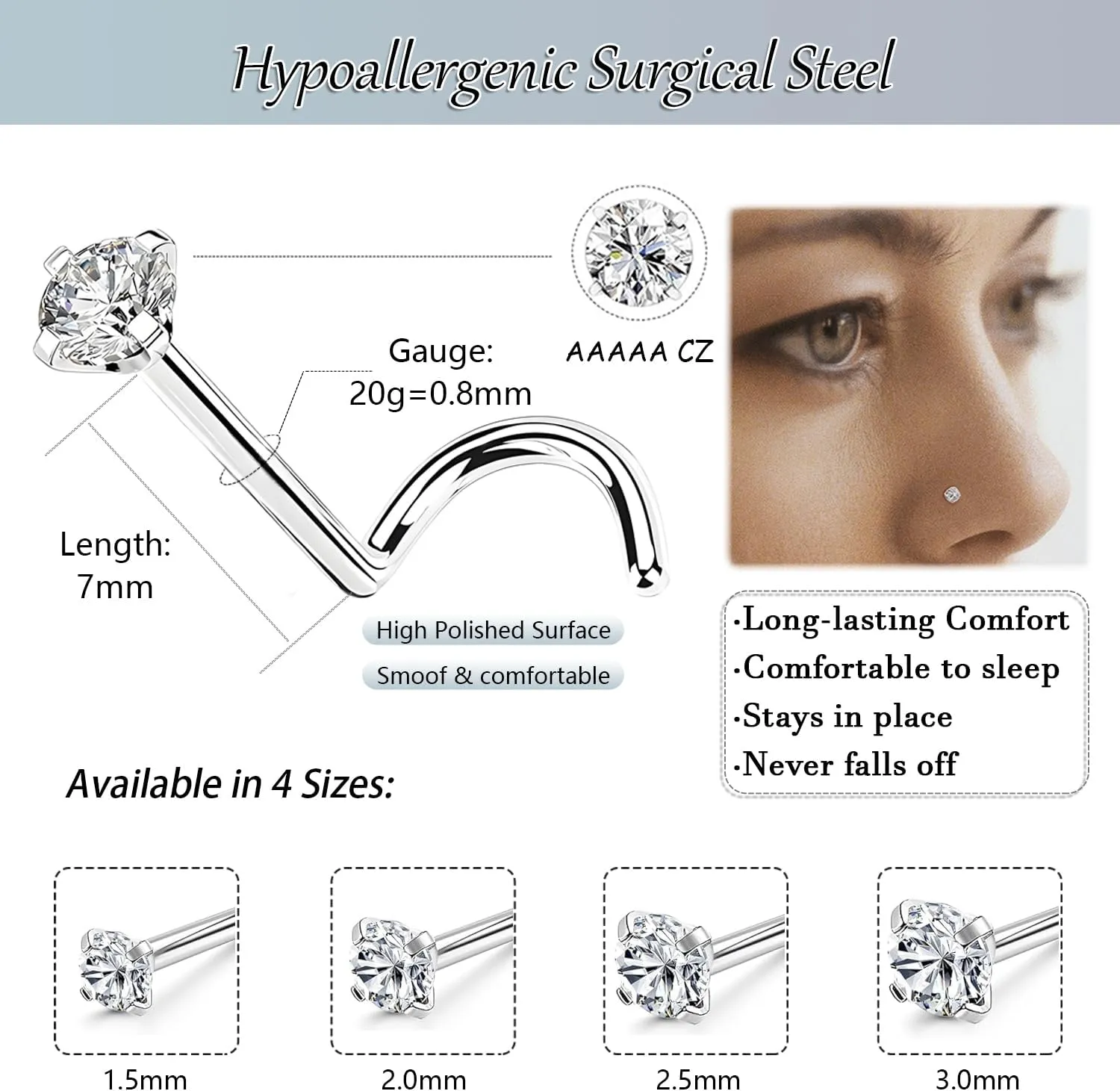 Nose Rings Studs: 8Pcs 20G Gold/Silver 316L Surgical Stainless Steel Nose Studs Hypoallergenic Corkscrew Nose Piercing Stud Jewelry for Women Men Clear Cubic Zirconia Imitation Diamond Top Size 1.5mm 2mm 2.5mm 3mm