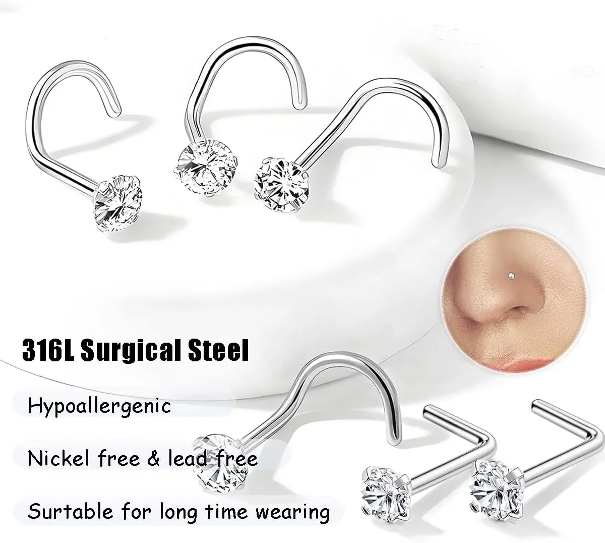 Nose Rings Studs: 8Pcs 20G Gold/Silver 316L Surgical Stainless Steel Nose Studs Hypoallergenic Corkscrew Nose Piercing Stud Jewelry for Women Men Clear Cubic Zirconia Imitation Diamond Top Size 1.5mm 2mm 2.5mm 3mm