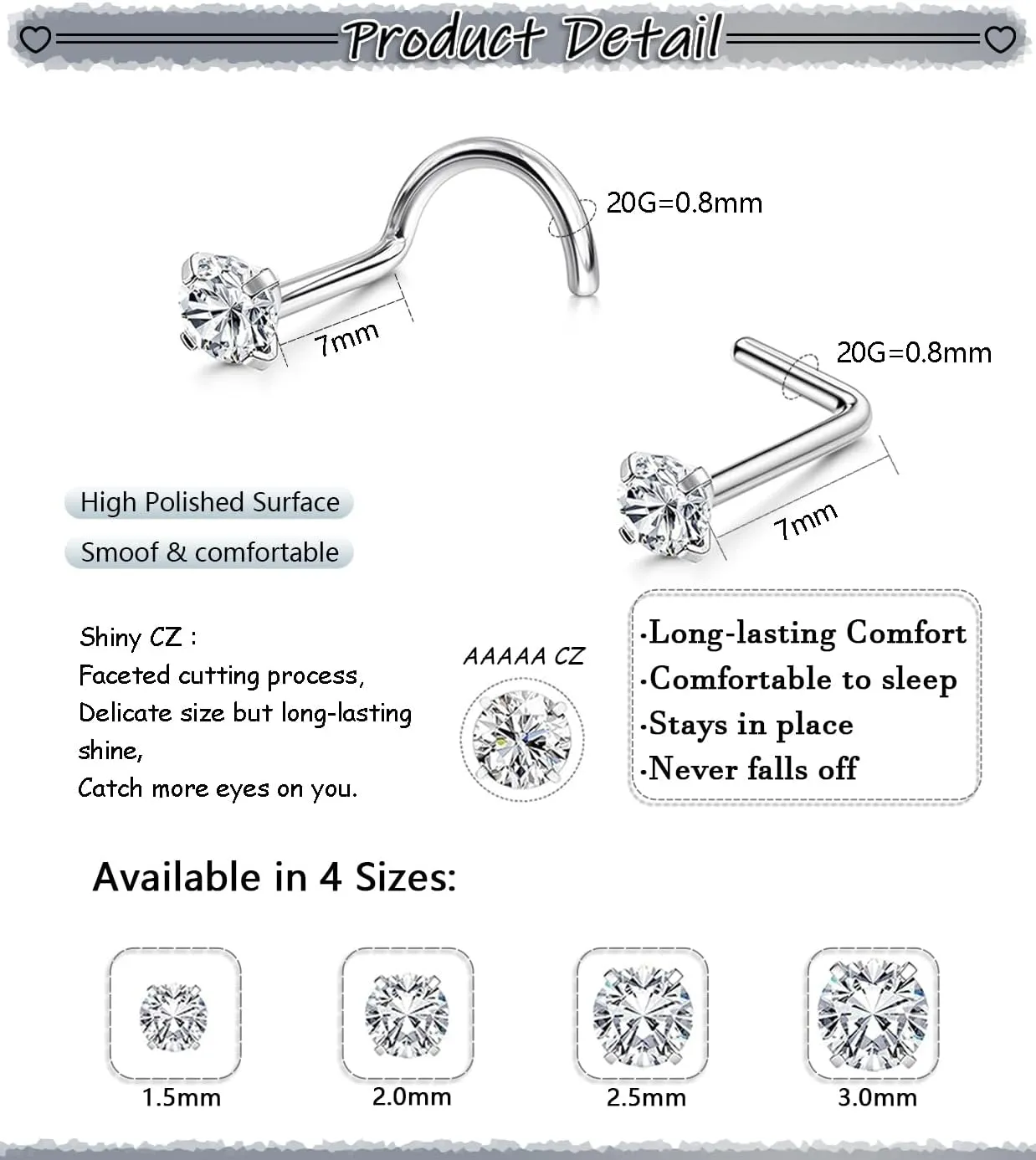 Nose Rings Studs: 8Pcs 20G Gold/Silver 316L Surgical Stainless Steel Nose Studs Hypoallergenic Corkscrew Nose Piercing Stud Jewelry for Women Men Clear Cubic Zirconia Imitation Diamond Top Size 1.5mm 2mm 2.5mm 3mm