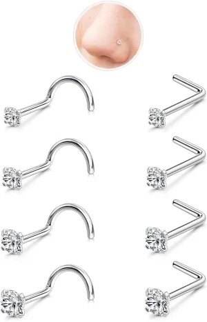 Nose Rings Studs: 8Pcs 20G Gold/Silver 316L Surgical Stainless Steel Nose Studs Hypoallergenic Corkscrew Nose Piercing Stud Jewelry for Women Men Clear Cubic Zirconia Imitation Diamond Top Size 1.5mm 2mm 2.5mm 3mm