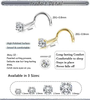Nose Rings Studs: 8Pcs 20G Gold/Silver 316L Surgical Stainless Steel Nose Studs Hypoallergenic Corkscrew Nose Piercing Stud Jewelry for Women Men Clear Cubic Zirconia Imitation Diamond Top Size 1.5mm 2mm 2.5mm 3mm