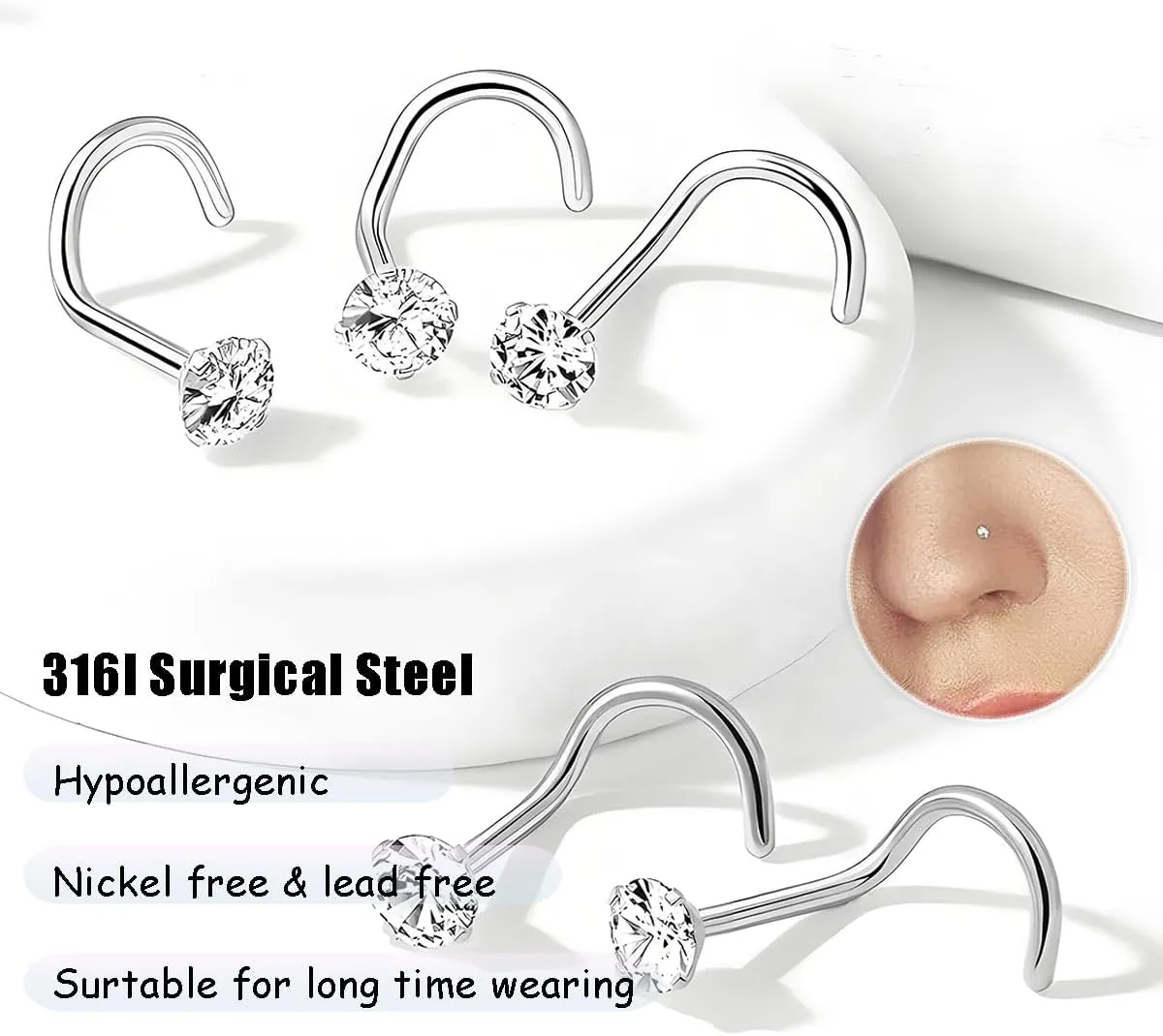 Nose Rings Studs: 8Pcs 20G Gold/Silver 316L Surgical Stainless Steel Nose Studs Hypoallergenic Corkscrew Nose Piercing Stud Jewelry for Women Men Clear Cubic Zirconia Imitation Diamond Top Size 1.5mm 2mm 2.5mm 3mm