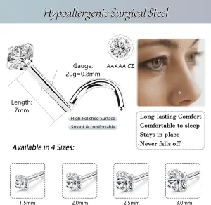 Nose Rings Studs: 8Pcs 20G Gold/Silver 316L Surgical Stainless Steel Nose Studs Hypoallergenic Corkscrew Nose Piercing Stud Jewelry for Women Men Clear Cubic Zirconia Imitation Diamond Top Size 1.5mm 2mm 2.5mm 3mm