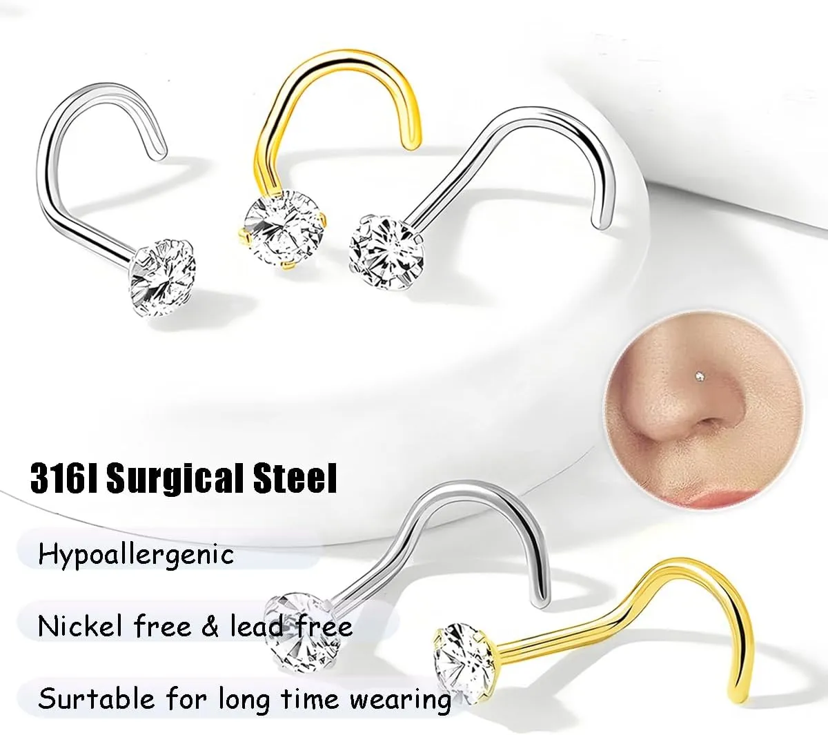 Nose Rings Studs: 8Pcs 20G Gold/Silver 316L Surgical Stainless Steel Nose Studs Hypoallergenic Corkscrew Nose Piercing Stud Jewelry for Women Men Clear Cubic Zirconia Imitation Diamond Top Size 1.5mm 2mm 2.5mm 3mm