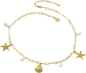 Ocean-Inspired Starfish Necklace with Imitation Pearls & Shell Charms  18K Gold Plated Copper Summer Jewelry for Women 2025, Coastal Beach Style Necklace for Vacation, Parties & Gifts