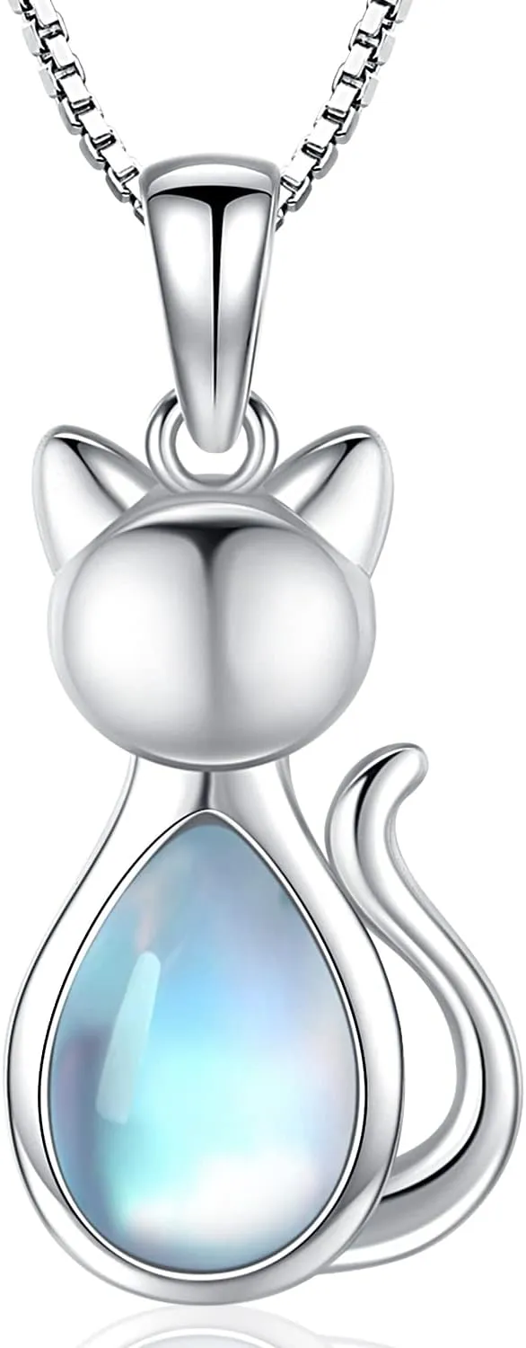 Odinstone Cat Birthstone Necklaces Jewelry Sterling Silver Cat Pendant Necklace Gift for Women Gifts, 18'' Silver Box Chain Women's Birthstone Crystal Cat Jewelry Gifts