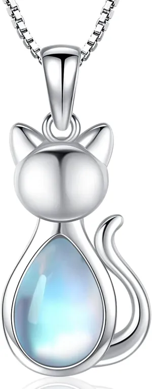 Odinstone Cat Birthstone Necklaces Jewelry Sterling Silver Cat Pendant Necklace Gift for Women Gifts, 18'' Silver Box Chain Women's Birthstone Crystal Cat Jewelry Gifts