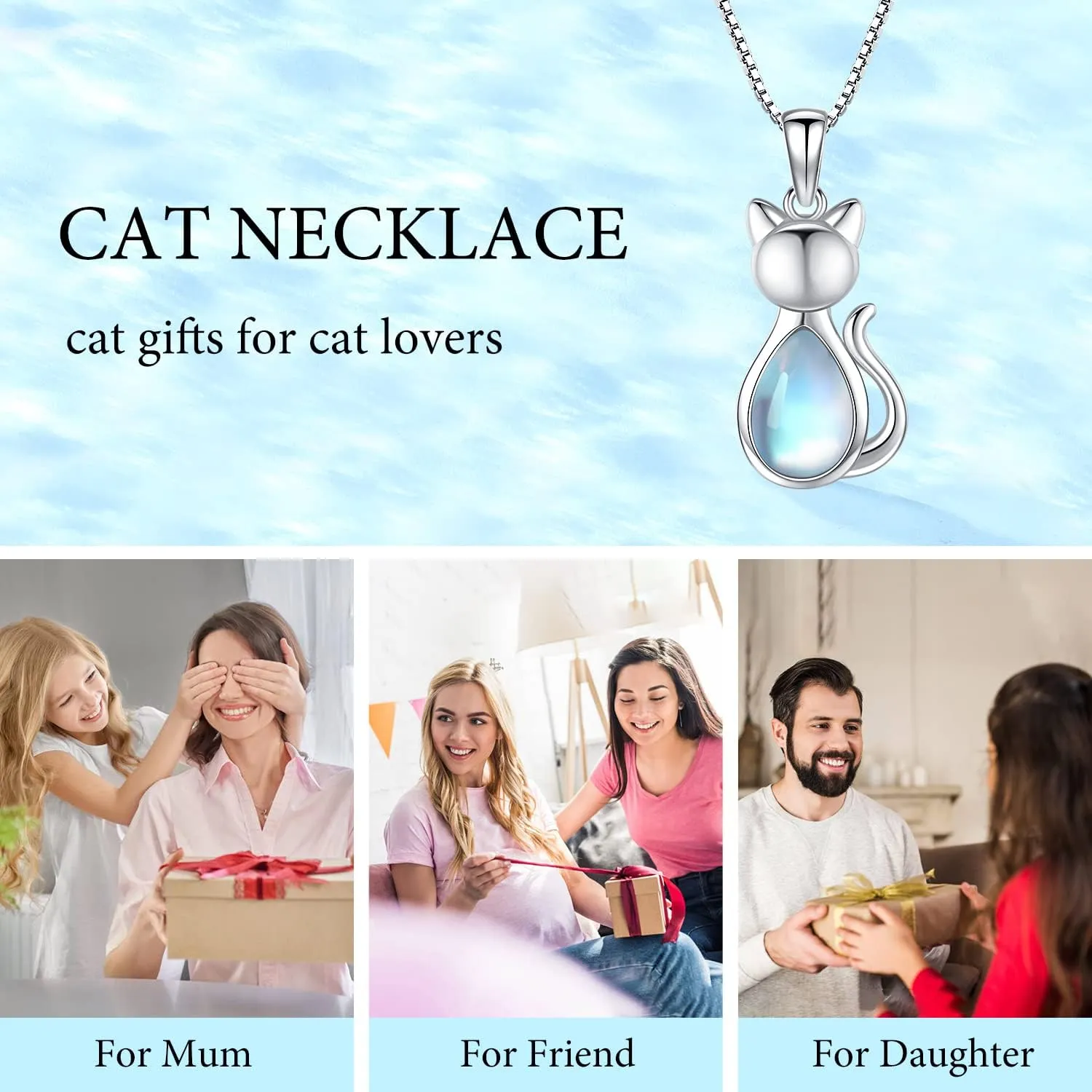 Odinstone Cat Birthstone Necklaces Jewelry Sterling Silver Cat Pendant Necklace Gift for Women Gifts, 18'' Silver Box Chain Women's Birthstone Crystal Cat Jewelry Gifts