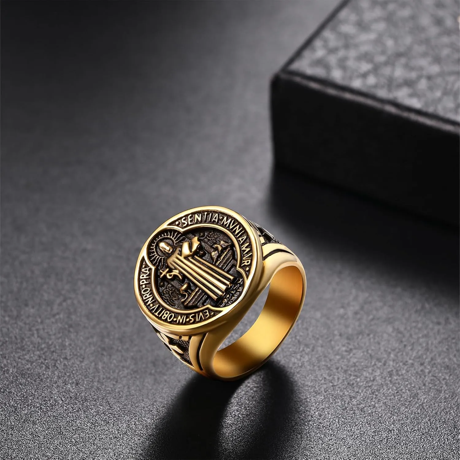 OIDEA St Benedict Rings for Men: Catholic Saint Benedict Medal Signet Rings Catholic Jesus Cross Exorcism Religious Amulet Jewelry Gift