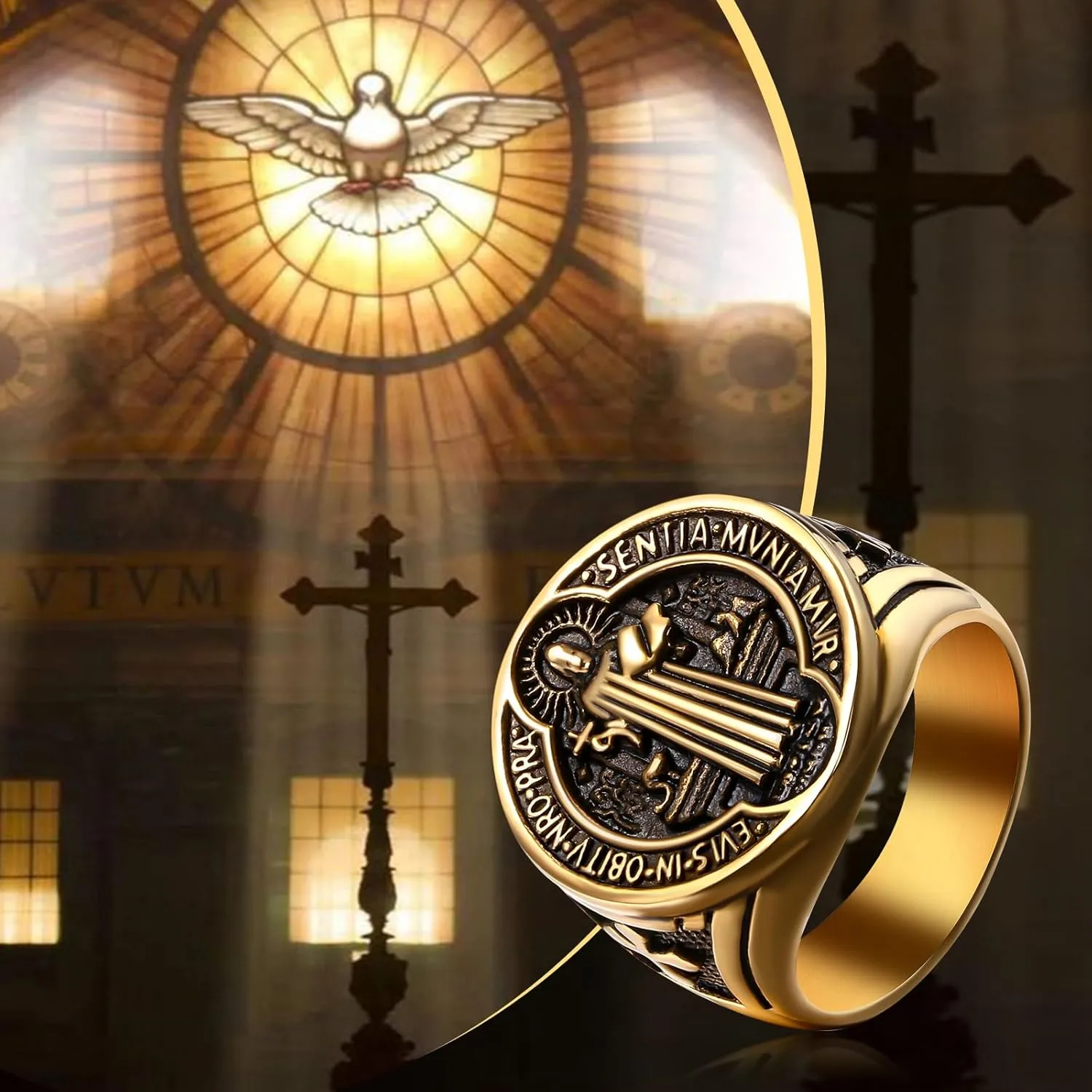 OIDEA St Benedict Rings for Men: Catholic Saint Benedict Medal Signet Rings Catholic Jesus Cross Exorcism Religious Amulet Jewelry Gift