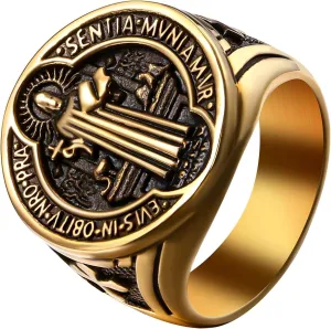 OIDEA St Benedict Rings for Men: Catholic Saint Benedict Medal Signet Rings Catholic Jesus Cross Exorcism Religious Amulet Jewelry Gift