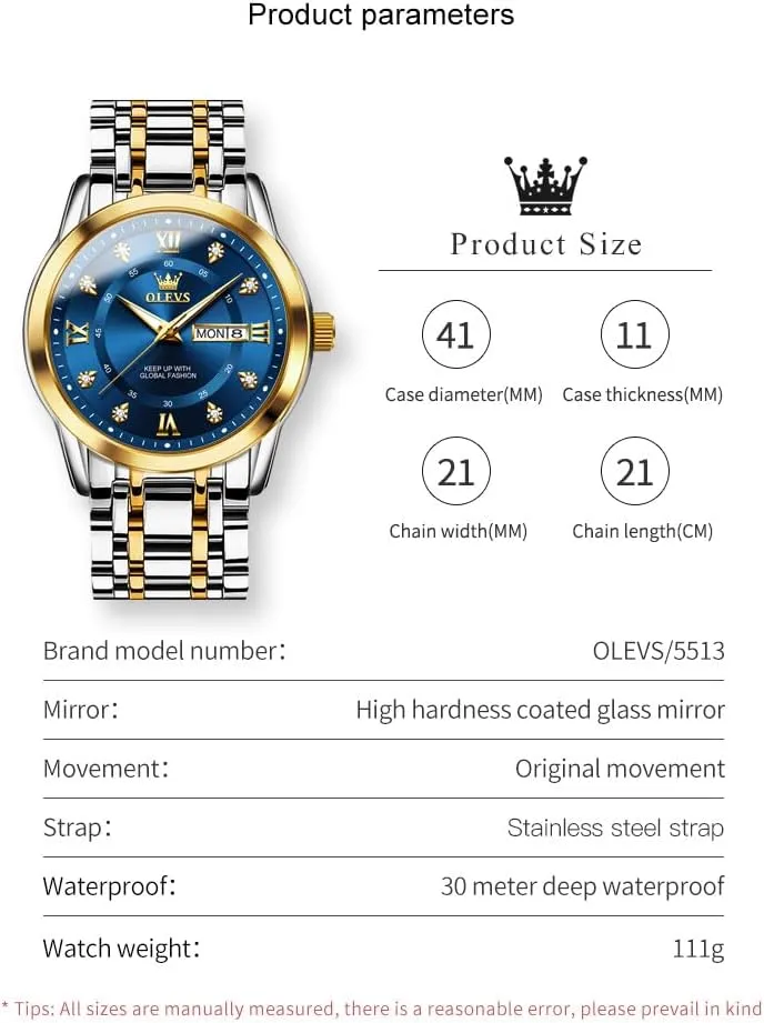 OLEVS Men Watch Blue Gold Analog Quartz Stainless Steel Waterproof Luminous Date Luxury Casual Watch