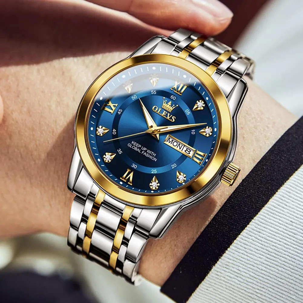 OLEVS Men Watch Blue Gold Analog Quartz Stainless Steel Waterproof Luminous Date Luxury Casual Watch