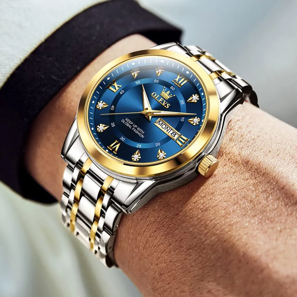 OLEVS Men Watch Blue Gold Analog Quartz Stainless Steel Waterproof Luminous Date Luxury Casual Watch