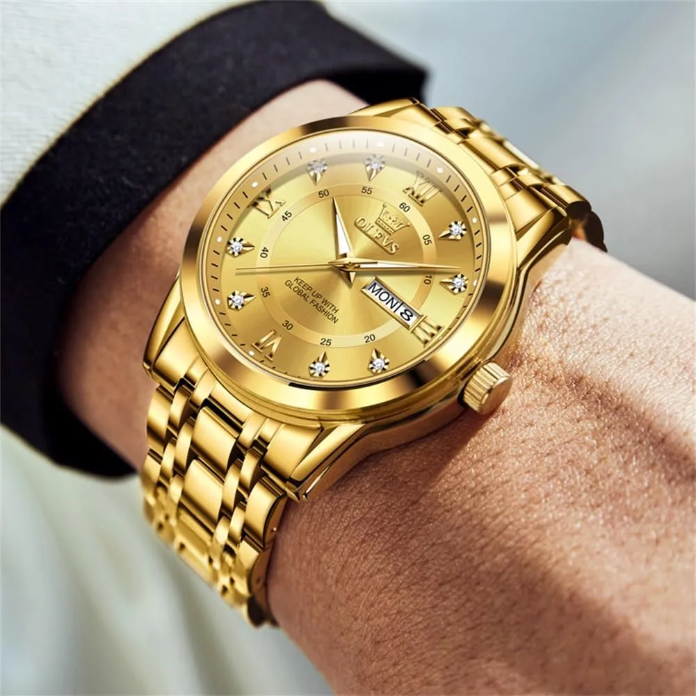 OLEVS Men Watch Blue Gold Analog Quartz Stainless Steel Waterproof Luminous Date Luxury Casual Watch
