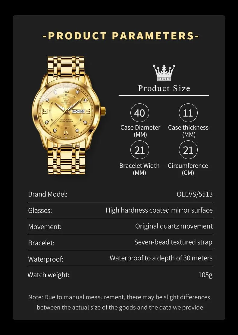 OLEVS Men Watch Blue Gold Analog Quartz Stainless Steel Waterproof Luminous Date Luxury Casual Watch