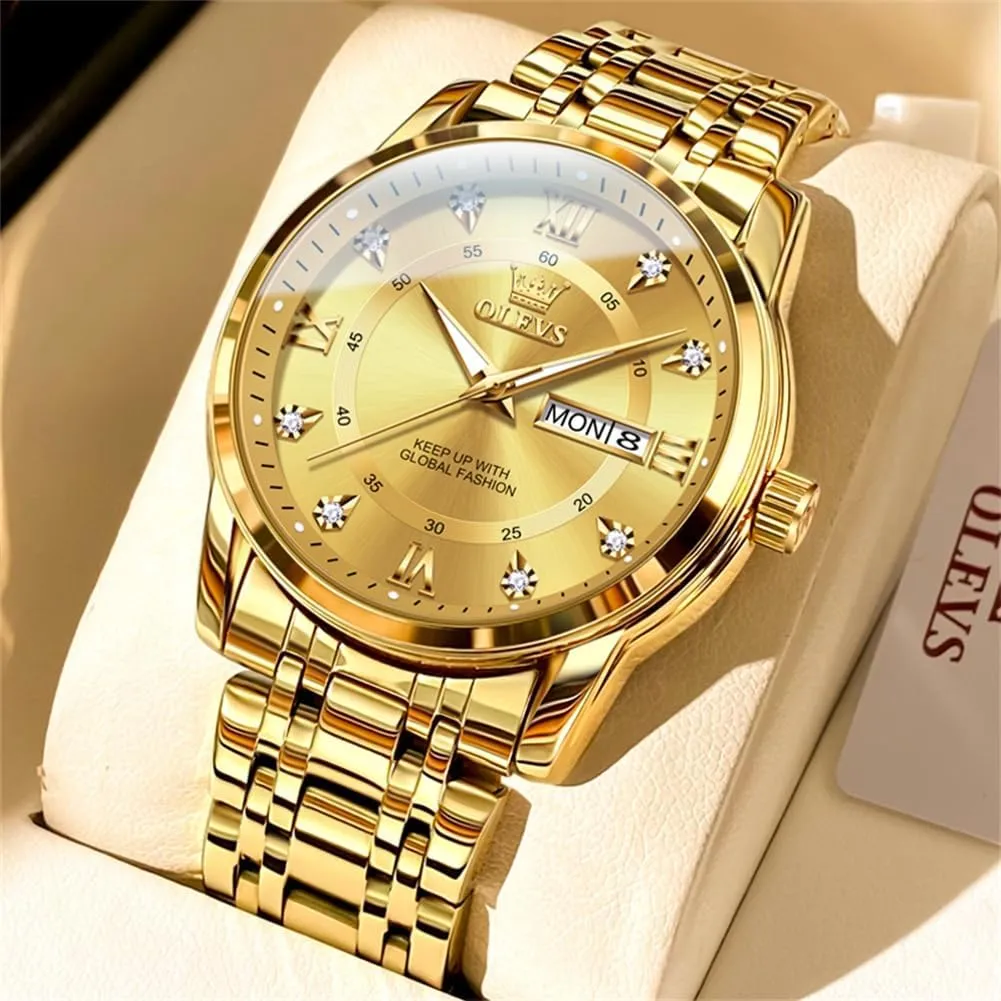 OLEVS Men Watch Blue Gold Analog Quartz Stainless Steel Waterproof Luminous Date Luxury Casual Watch