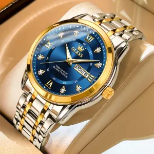 OLEVS Men Watch Blue Gold Analog Quartz Stainless Steel Waterproof Luminous Date Luxury Casual Watch