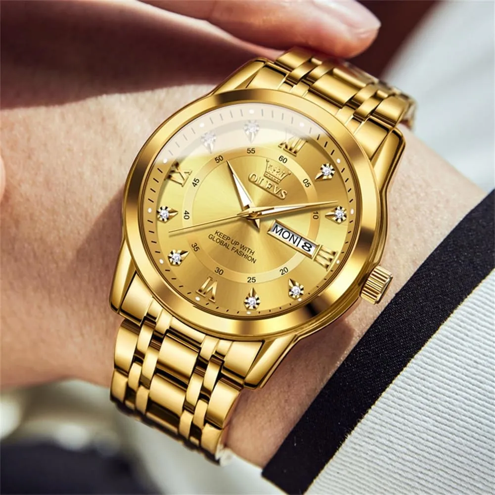 OLEVS Men Watch Blue Gold Analog Quartz Stainless Steel Waterproof Luminous Date Luxury Casual Watch