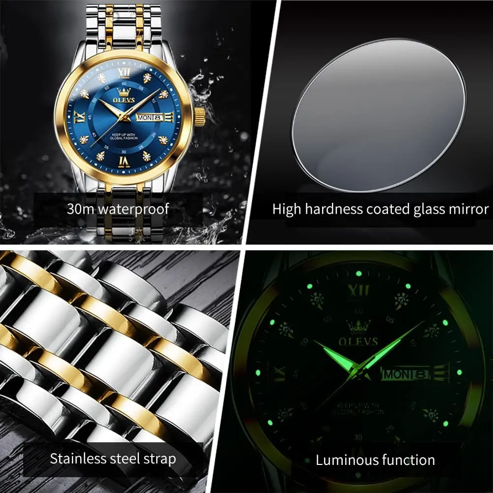 OLEVS Men Watch Blue Gold Analog Quartz Stainless Steel Waterproof Luminous Date Luxury Casual Watch