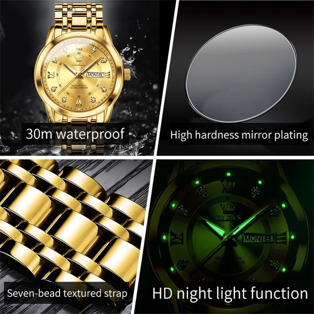 OLEVS Men Watch Blue Gold Analog Quartz Stainless Steel Waterproof Luminous Date Luxury Casual Watch