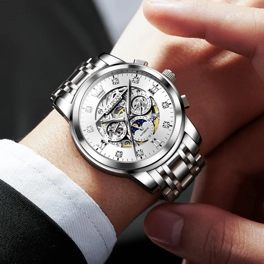 OLEVS Mens Luxury Skeleton Automatic Watch Diamond Self Winding Mechanical Timepiece Gifts Luminous Waterproof