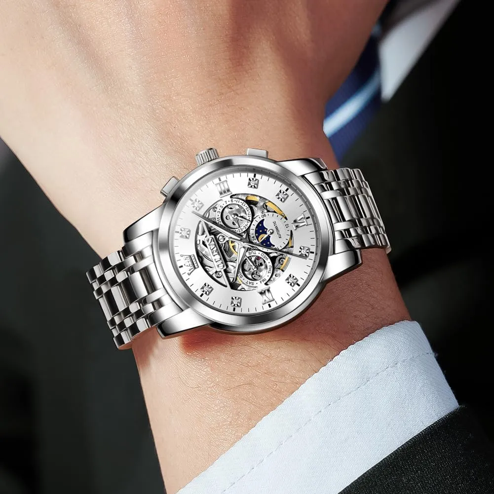 OLEVS Mens Luxury Skeleton Automatic Watch Diamond Self Winding Mechanical Timepiece Gifts Luminous Waterproof