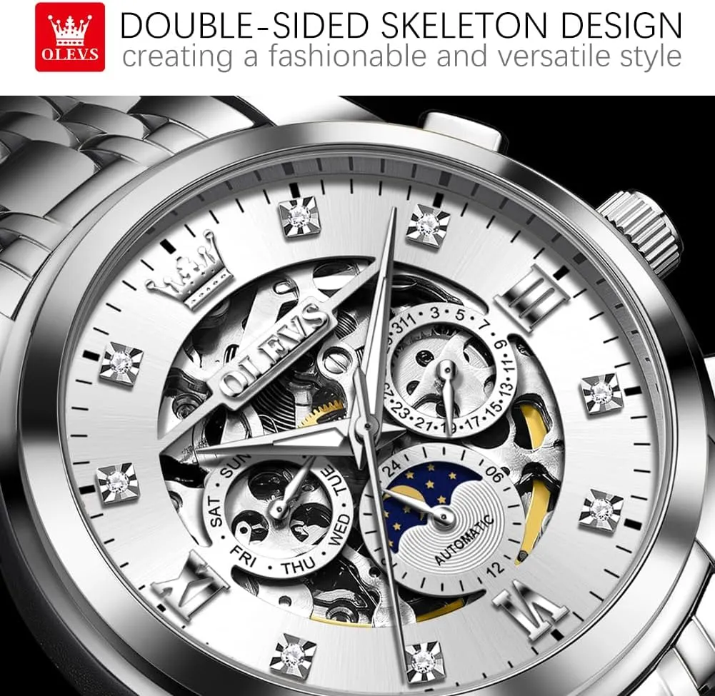 OLEVS Mens Luxury Skeleton Automatic Watch Diamond Self Winding Mechanical Timepiece Gifts Luminous Waterproof