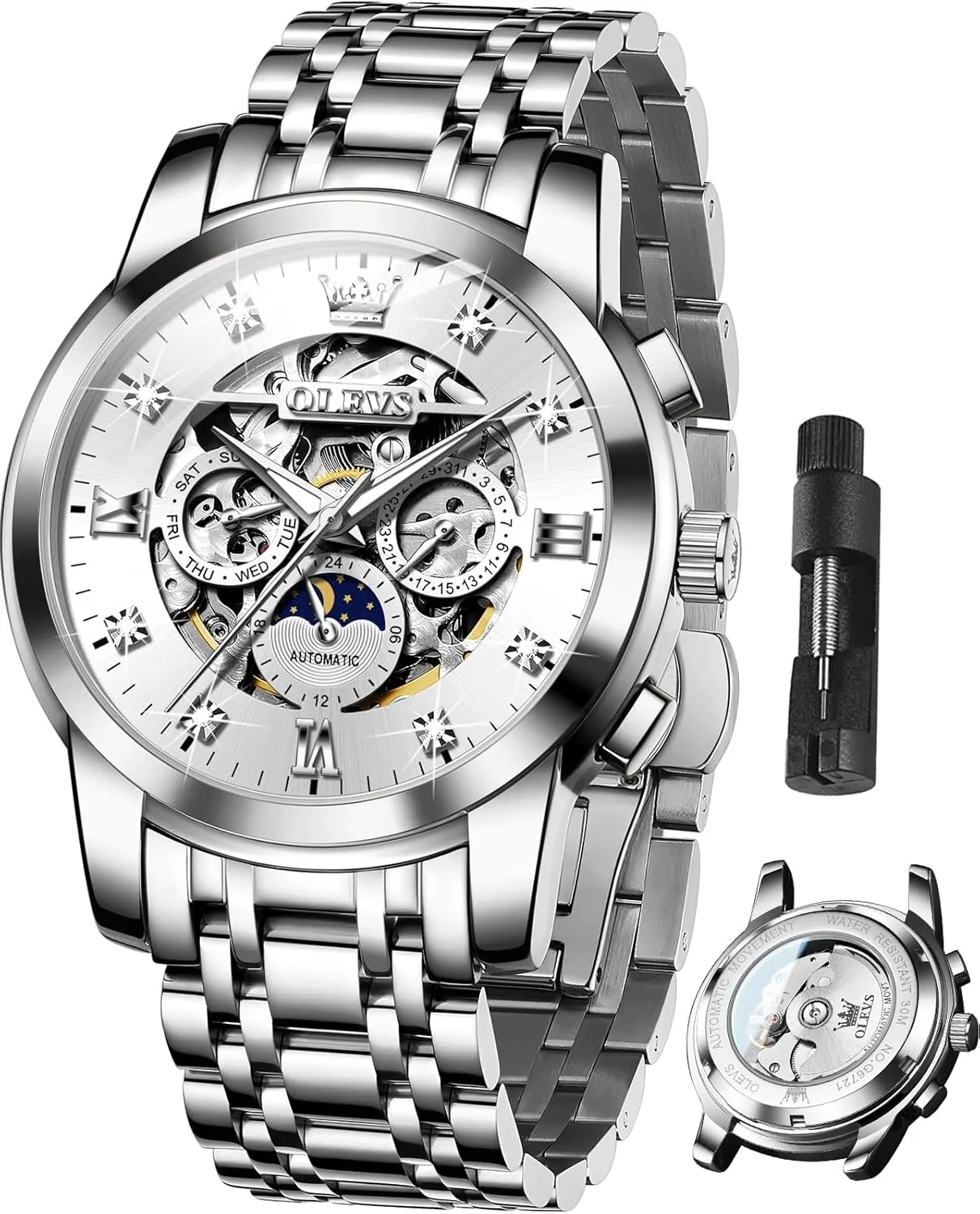OLEVS Mens Luxury Skeleton Automatic Watch Diamond Self Winding Mechanical Timepiece Gifts Luminous Waterproof