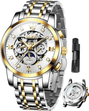 OLEVS Mens Luxury Skeleton Automatic Watch Diamond Self Winding Mechanical Timepiece Gifts Luminous Waterproof