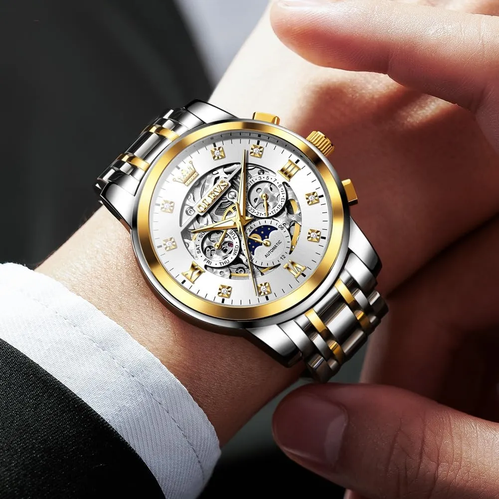 OLEVS Mens Luxury Skeleton Automatic Watch Diamond Self Winding Mechanical Timepiece Gifts Luminous Waterproof