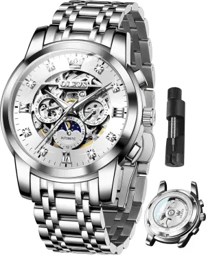 OLEVS Mens Luxury Skeleton Automatic Watch Diamond Self Winding Mechanical Timepiece Gifts Luminous Waterproof
