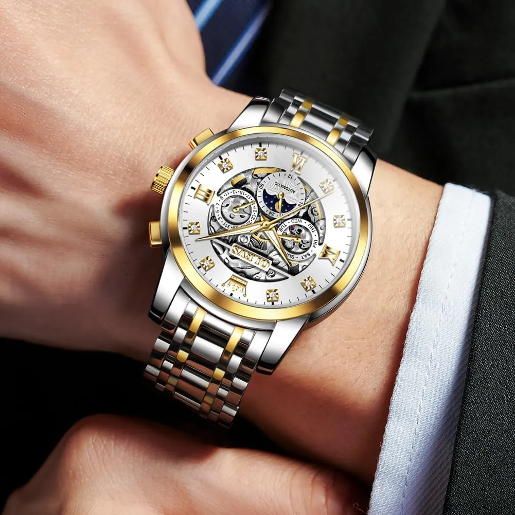 OLEVS Mens Luxury Skeleton Automatic Watch Diamond Self Winding Mechanical Timepiece Gifts Luminous Waterproof