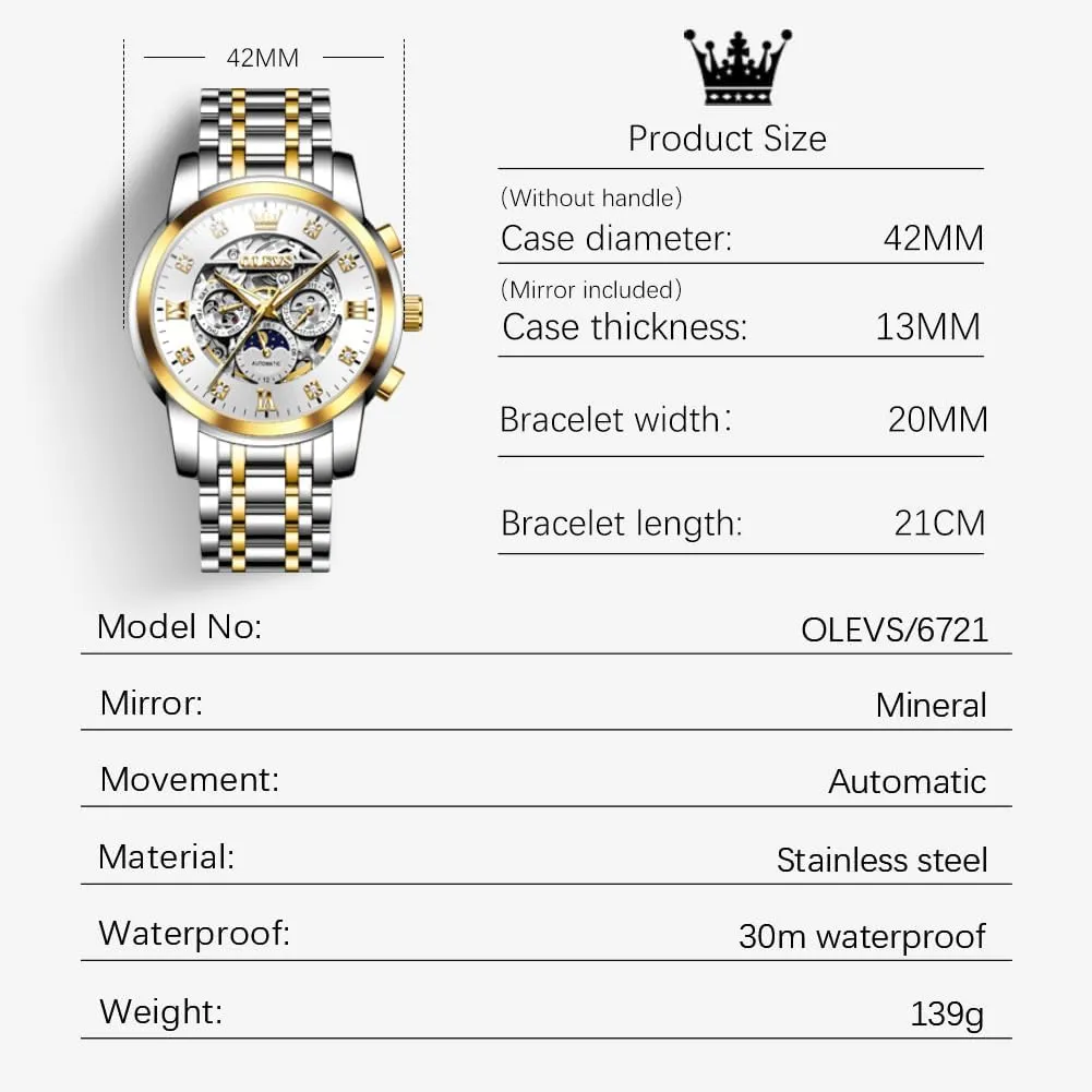 OLEVS Mens Luxury Skeleton Automatic Watch Diamond Self Winding Mechanical Timepiece Gifts Luminous Waterproof