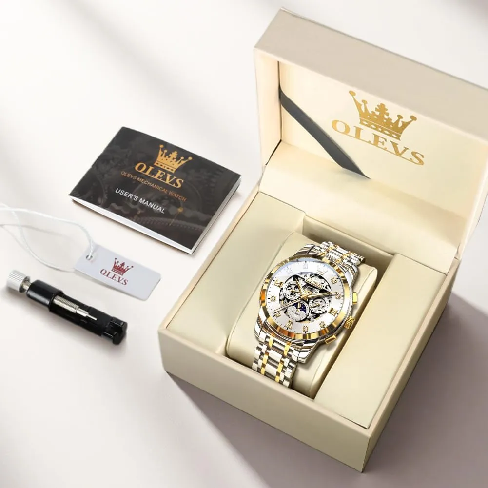 OLEVS Mens Luxury Skeleton Automatic Watch Diamond Self Winding Mechanical Timepiece Gifts Luminous Waterproof