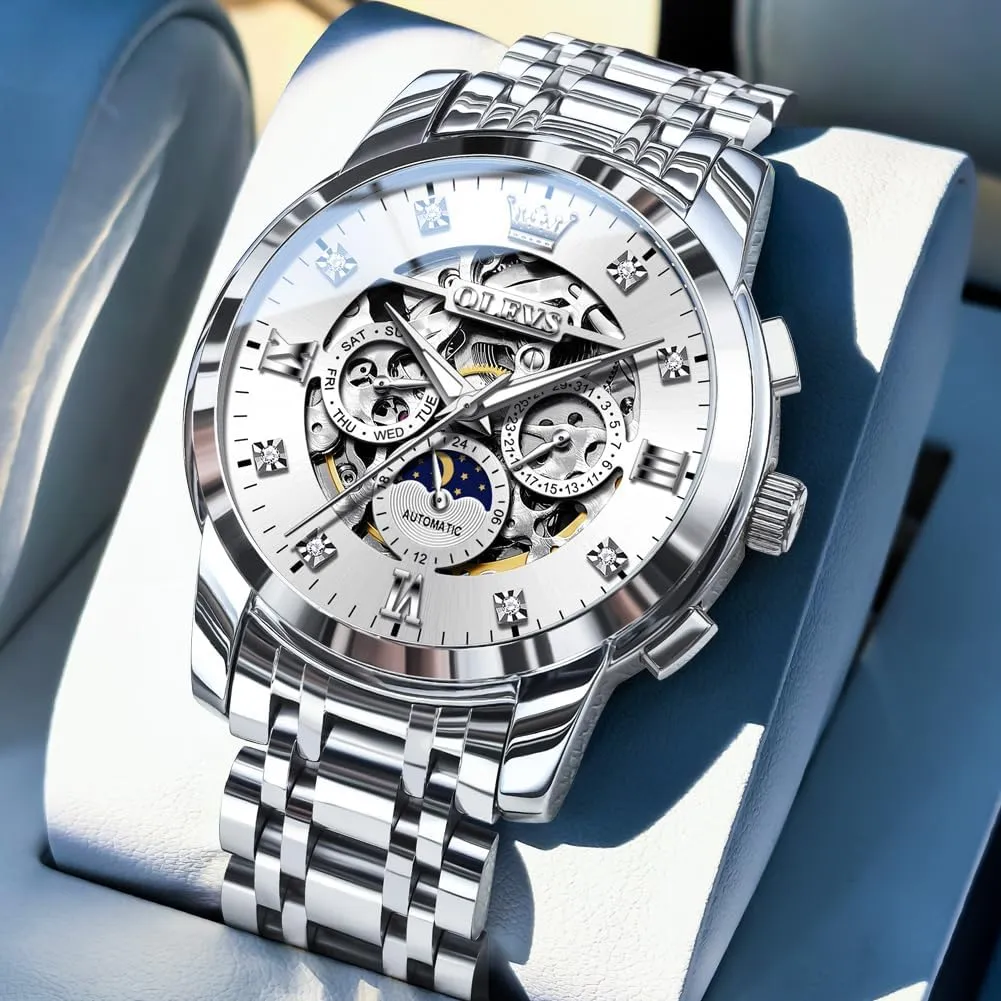 OLEVS Mens Luxury Skeleton Automatic Watch Diamond Self Winding Mechanical Timepiece Gifts Luminous Waterproof
