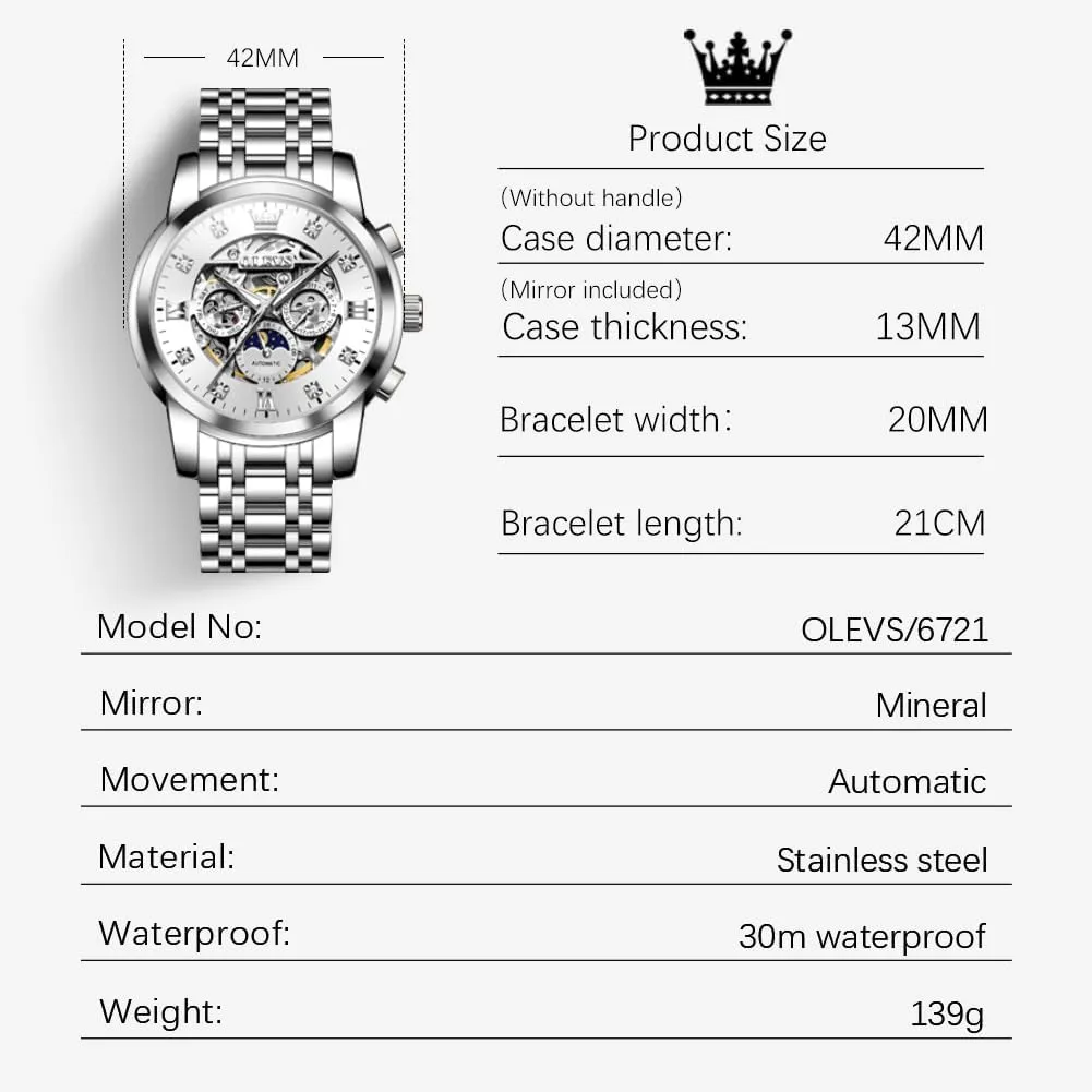 OLEVS Mens Luxury Skeleton Automatic Watch Diamond Self Winding Mechanical Timepiece Gifts Luminous Waterproof